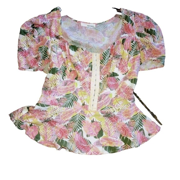 Tropical Summer Top, Puff Shoulder, Corset Eye Hooks Empire Seam, M - Picture 1 of 4
